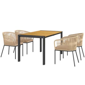 Aiamööblikomplekt, 7-osaline, 1 laud ja 4 tooli, Must/hallikaspruun/Helepruun, 140 × 74 × 80 cm
