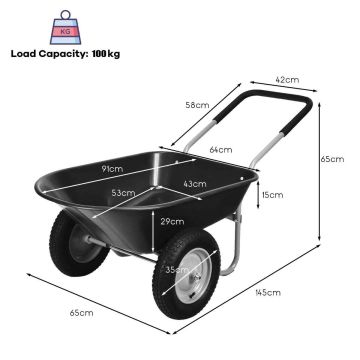Garden wheelbarrow, Double pneumatic, 145 × 65 × 65 cm