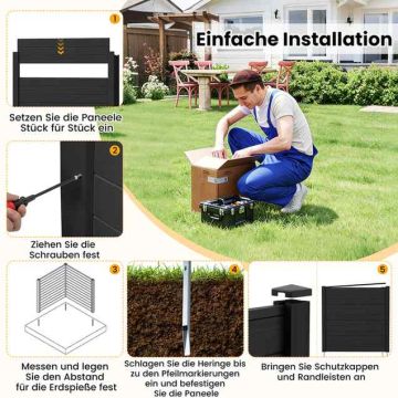 Garden fence, 4-piece, 6 stakes, Black, 123 × 123 × 123 cm