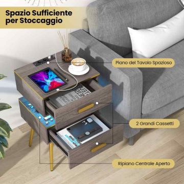 Side table with charging station and LED lighting, 44 x 38 x 72 cm, gray