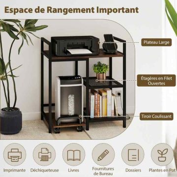 Printer stand, 3-tier with charging station, 63.5 × 72 × 40 cm