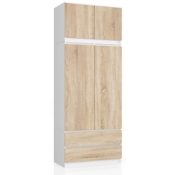 Riidekapp AKORD S 90, 2 sahtlit, valge/tammevärvi, 90 × 234 × 51 cm