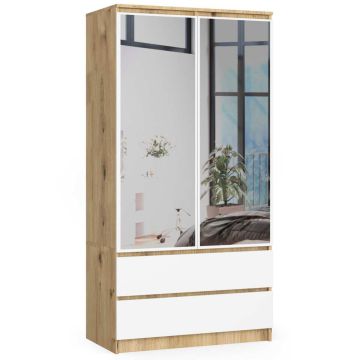 Riidekapp AKORD S90, 2 ust, 2 sahtlit, 2 peeglit, tammes/valge, 90 × 180 × 51 cm