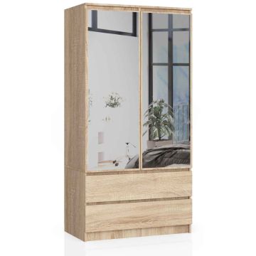 Riidekapp AKORD S90, 2 ust, 2 sahtlit peeglitega, pruun, 90 × 180 × 51 cm