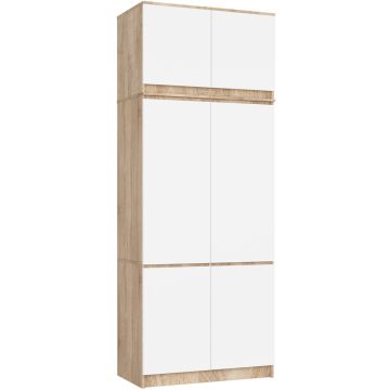 Riidekapp AkordV2 S90, 6 ukse ja 6 riiuliga, tammepuiduvalge, 90 × 235 × 51 cm
