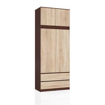 Riidekapp, antresool ja 2 sahtlit, pruun/tamm, 90 × 234 × 51 cm