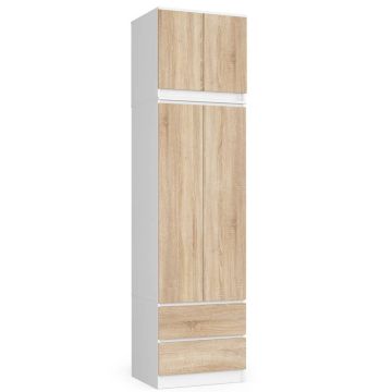 Riidekapp S60, pealisosa ning 2 ukse ja 2 sahtliga, valge/pruuni värvi, 60 × 234 × 51 cm