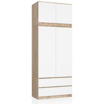 Riidekapp S90, 2 ust ja 2 sahtlit, valge/pruuni värvi, 90 × 234 × 51 cm
