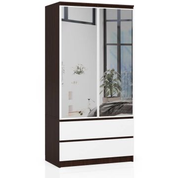 Riidekapp S90, 2 ust, 2 sahtlit, 2 peeglit, pruun-valge, 90 × 180 × 51 cm