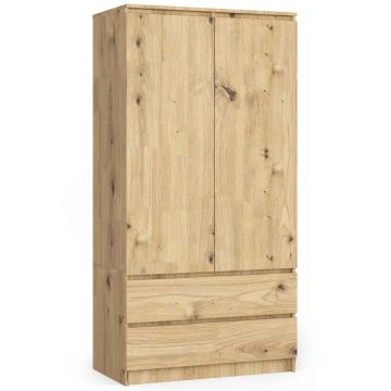 Riidekapp S90, 2 ust, 2 sahtlit, tammepuidutooni, 90 × 180 × 51 cm