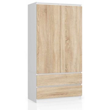 Riidekapp S90, 2 ust, 2 sahtlit, valge/tamme värvi, 90 × 180 × 51 cm