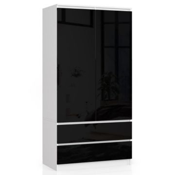 Riidekapp S90, 2 ust, 2 sahtlit, valge/must, 90 × 180 × 51 cm