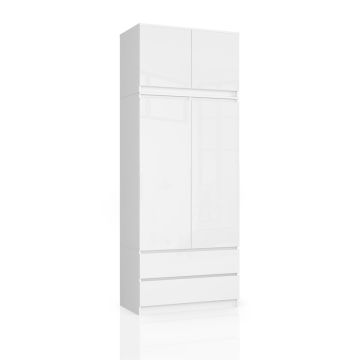 Riidekapp S90, 2 ust, 2 sahtlit, Valge, 90 × 234 × 51 cm
