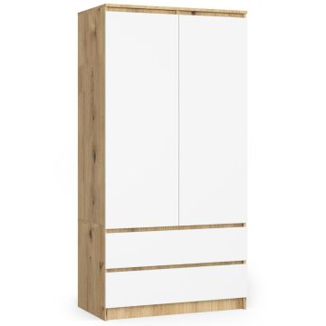 Riidekapp S90, 2 ust, 2 sahtlit, tammepuiduvalge, 90 × 180 × 51 cm