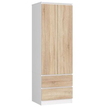 Riidekapp STAR S60, 2 ust, 2 sahtlit, valge/tamme värvi, 60 × 180 × 51 cm