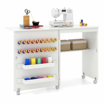 Folding sewing cabinet with 2 storage trays and 5 lockable casters, white
