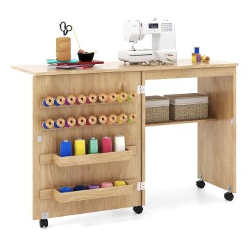 Folding sewing table with 2 storage compartments and 5 casters, natural