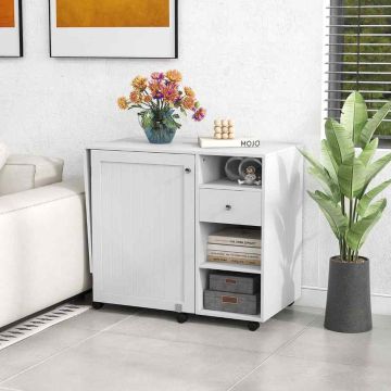 Folding sewing table with storage shelves and trays, white