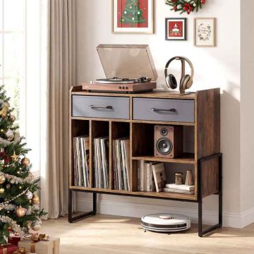 Living room cabinet for turntable, with 2 removable boxes, Brown, 76 × 68.5 × 35.5 cm
