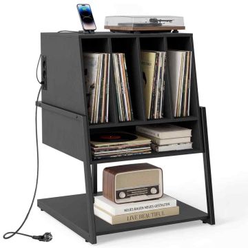 Living room cabinet for turntable, with charging station, Black, 54 × 76.5 × 57 cm