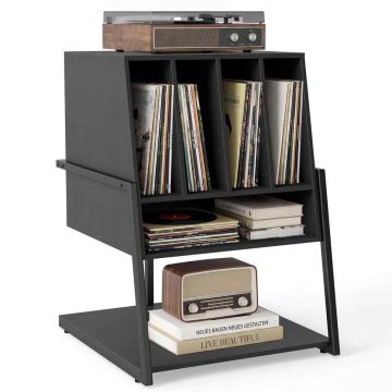 Living room cabinet for turntable, with charging station, Black, 54 × 76.5 × 57 cm