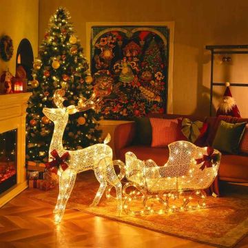 Lighting Christmas reindeer and sleigh decoration, 50 × 184 × 123 cm