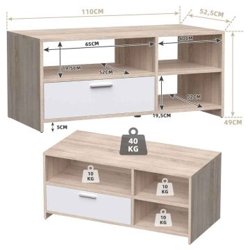 TV cabinet, 3 shelves, 1 drawer, Oak/white, 110 × 52.5 × 49 cm