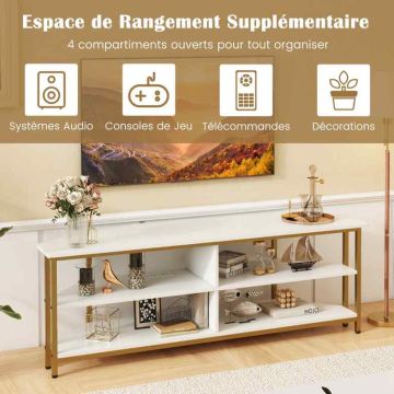 TV stand, corner, 4 open compartments, White and gold, 140 × 39 × 48 cm