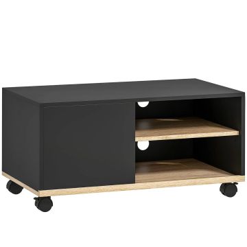 TV-alus, rataste ja kapiga, Must/Tamm, 80 × 45 × 41 cm