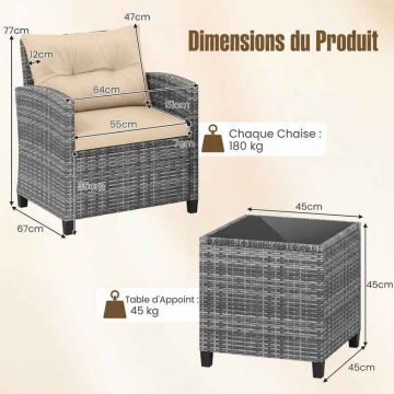 Patio furniture set, 3-piece, 2 chairs and table, Brown, 67 × 64 × 77 cm
