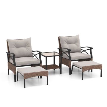 Patio furniture set, 5 pieces, 2 chairs, 2 poufs, Brown/grey, 72 × 60 × 81 cm
