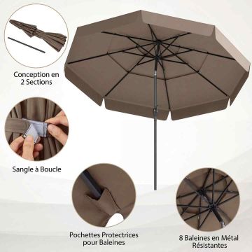 Patio umbrella, 8 rods, Brown, Ø 300 × 248 cm
