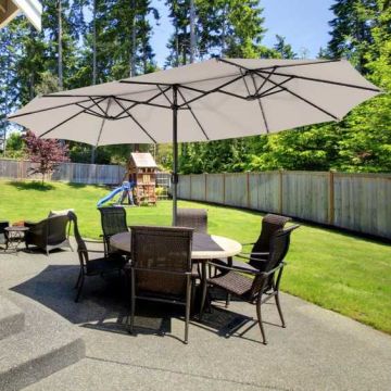 Terrace umbrella, double-sided, 48 LED lights, sand, 445 × 260 × 250 cm