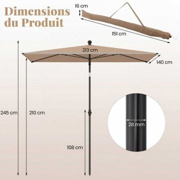 Terrace umbrella, adjustable, Brown, 213 × 245 × 140 cm
