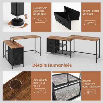 Transformable L-shaped desk, L-shaped, 3 fabric drawers, 140 × 75 × 105 cm