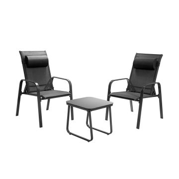 Three-piece patio bistro furniture set with adjustable backrest, black