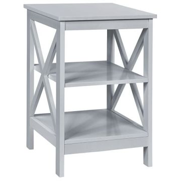 Three-tier bedside table with X-shaped design, gray