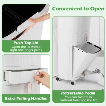 Three-compartment trash can, 2 buckets, compartment and drawer, White, 43 × 82.5 × 29 cm