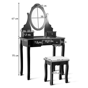 Dressing table, 5 drawers, stool, White/black, 79.5 × 142 × 39.9 cm