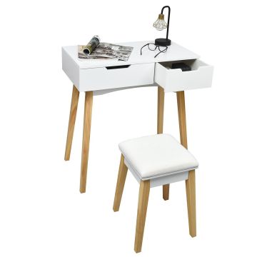 Dressing table with a folding mirror and a soft stool, white