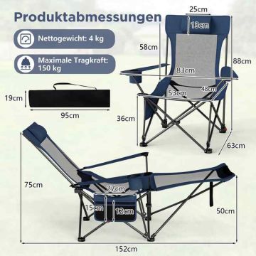 Tourist chairs-loungers, 2 pcs, Blue, 152 × 83 × 75 cm
