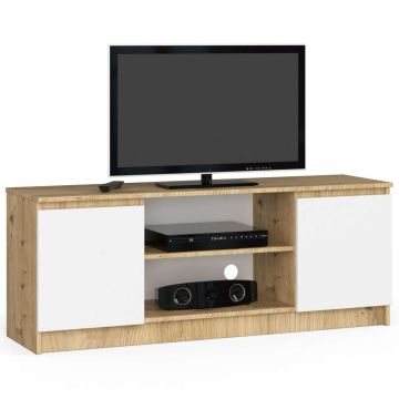TV-alus, 2 ust, valge/tammevärvi, 140 × 55 × 40 cm