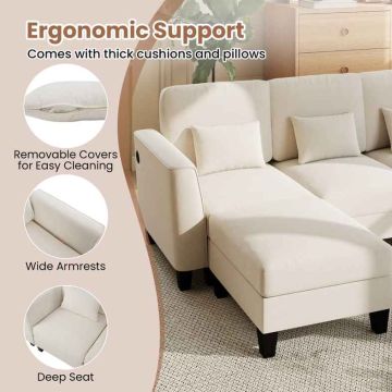 U-shaped sectional sofa with two poufs, 280 cm, chenille fabric, USB and Type-C charging ports