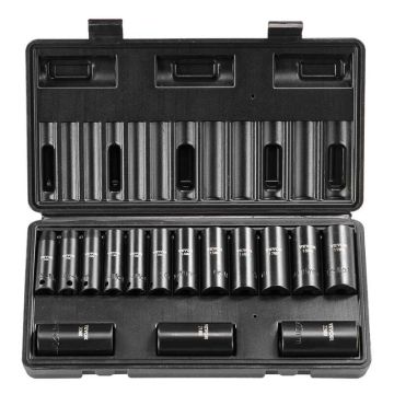 3/8" löökkruvikeerajate komplekt, 15 osa, 8-22 mm, 6 otsaga, kroom-molübdeenteras
