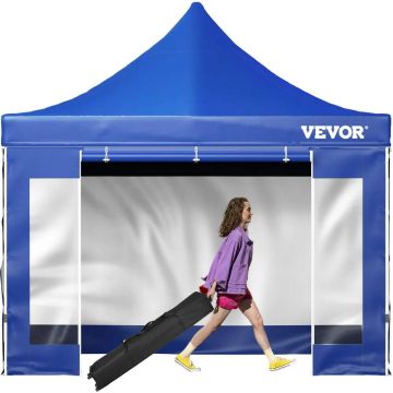 Väljatõmmatav telk varikatusega, 305x305 cm, sinine, UV- ja veekindel, ratastel korviga