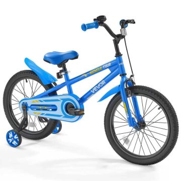 Детский велосипед BMX, 46 см, синий, с дополнительными колёсами.