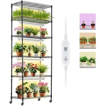 Lillealus 6-korruselise riiuli ja 150 W LED-kasvulambiga, 3 režiimi, taimeriga, ratastega, 182 cm kõrgune