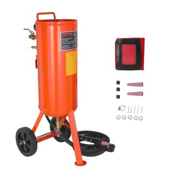 Мощный пескоструйный аппарат объемом 37,9 л, давление 60-110 PSI, с 2 насадками и шлангом длиной 228,6 см.
