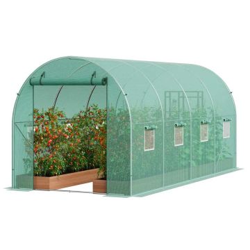 Туннельная теплица с каркасом из оцинкованной стали, 14,6x6,4x6,3 фута, с зеленой полиэтиленовой крышей, дверью на молнии и 8 окнами.