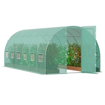 Туннельная теплица с каркасом из оцинкованной стали, 19,4x9,7x7,4 фута, с зеленой полиэтиленовой крышей, для использования на открытом воздухе.